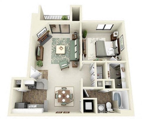 Floor plan for 1 bed, 1 bath, 744 sqft