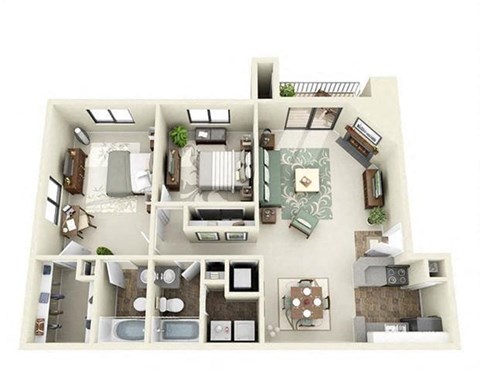 Floor plan for 2 beds, 2 baths, 1034 sqft