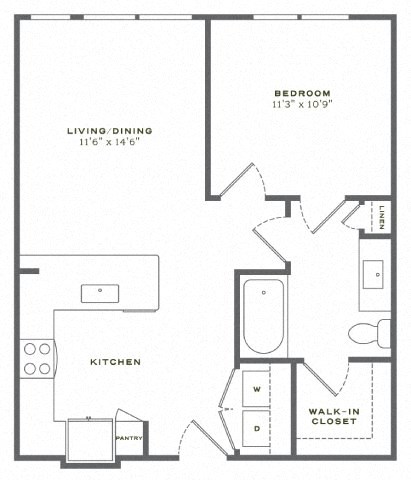 Floor plan for 1 bed, 1 bath, 674 sqft