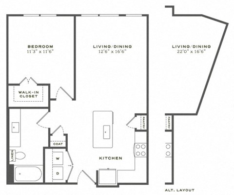 Floor plan for 1 bed, 1 bath, 776 sqft