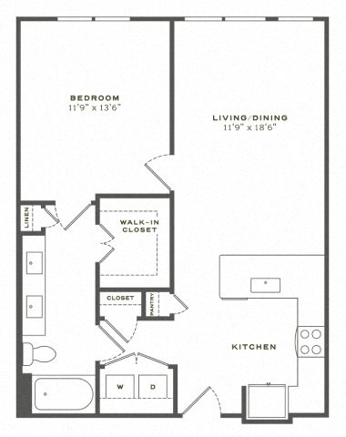 Floor plan for 1 bed, 1 bath, 802 sqft