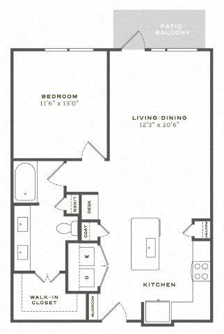 Floor plan for 1 bed, 1 bath, 852 sqft