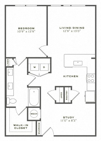 Floor plan for 1 bed, 1 bath, 900 sqft