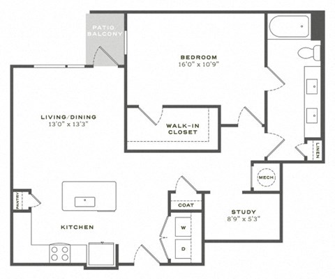 Floor plan for 1 bed, 1 bath, 955 sqft
