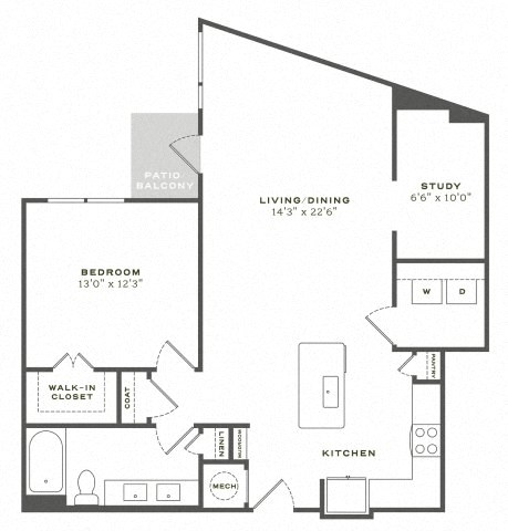 Floor plan for 1 bed, 1 bath, 1030 sqft