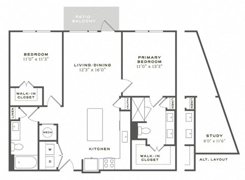 Floor plan for 2 beds, 2 baths, 1114 sqft