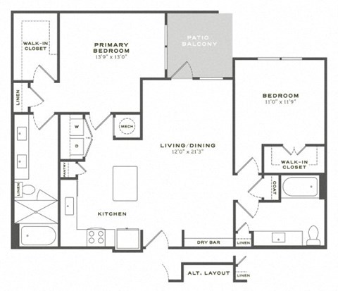 Floor plan for 2 beds, 2 baths, 1195 sqft