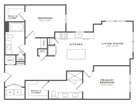 Floor plan for 2 beds, 2 baths, 1217 sqft