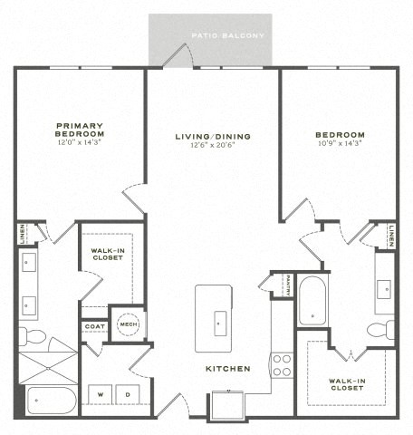 Floor plan for 2 beds, 2 baths, 1263 sqft
