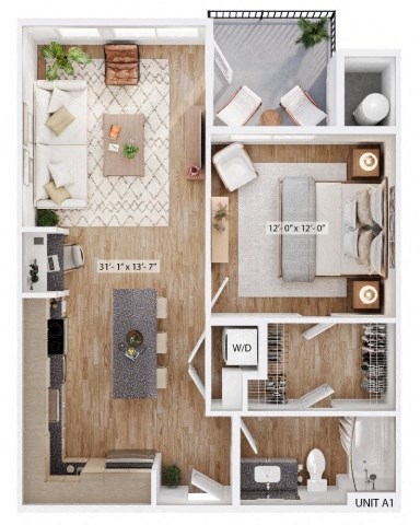 Floor plan for 1 bed, 1 bath, 736 sqft