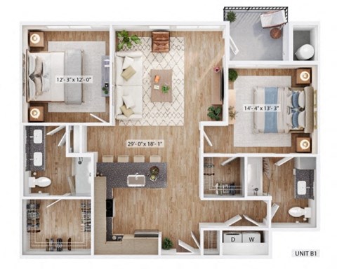 Floor plan for 2 beds, 2 baths, 1082 sqft