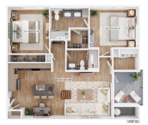Floor plan for 2 beds, 2 baths, 1053 sqft