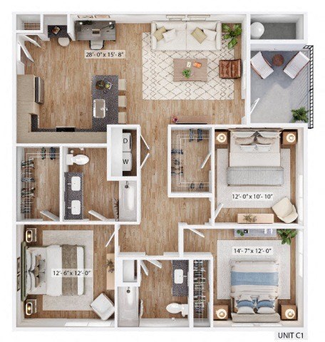 Floor plan for 3 beds, 2 baths, 1336 sqft