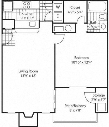 Floor plan for 1 bed, 1 bath, 670 sqft