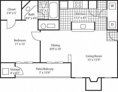 Floor plan for 1 bed, 1 bath, 750 sqft