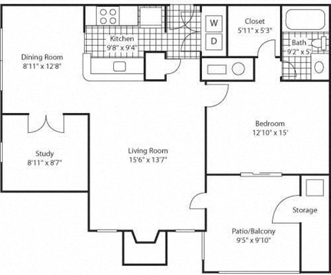 Floor plan for 1 bed, 1 bath, 869 sqft