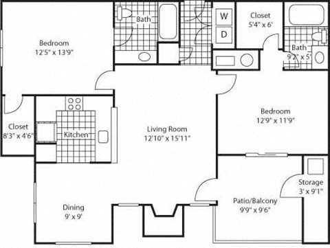 Floor plan for 2 beds, 2 baths, 1005 sqft