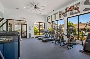 Savannah apartment for rent - A gym with treadmills, elliptical machines, and a fan.