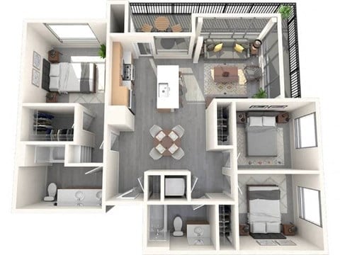 Floor plan for 3 beds, 2 baths, 1405 sqft