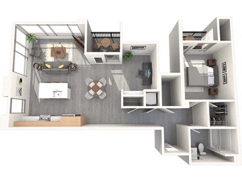 Floor plan for 1 bed, 1 bath, 1077 sqft