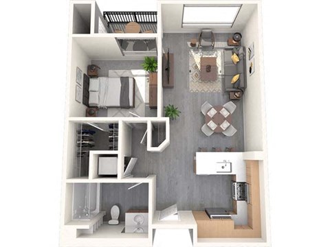 Floor plan for 1 bed, 1 bath, 728 sqft