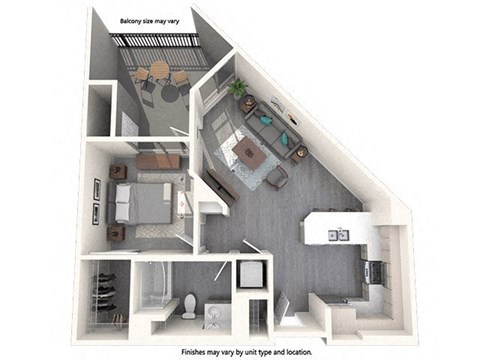 Floor plan for 1 bed, 1 bath, 726 sqft