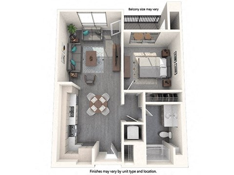 Floor plan for 1 bed, 1 bath, 740 sqft