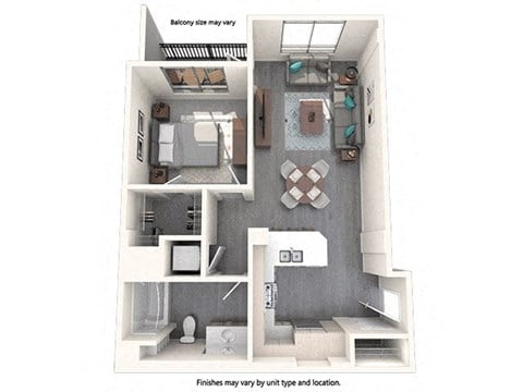 Floor plan for 1 bed, 1 bath, 744 sqft