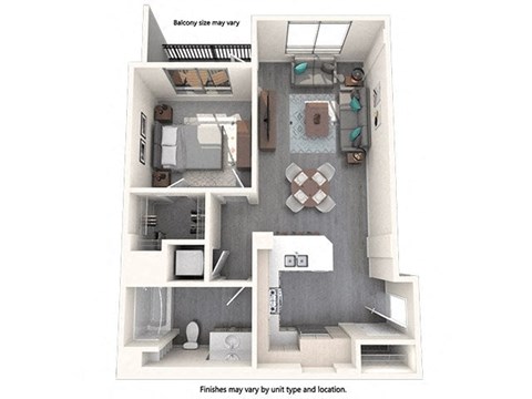 Floor plan for 1 bed, 1 bath, 744 sqft