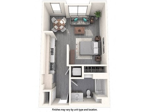 Floor plan for studio, 1 bath, 596 sqft
