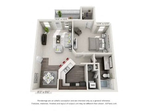 Floor plan for 1 bed, 1 bath, 764 sqft