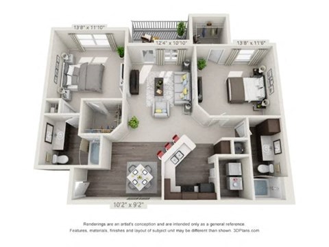 Floor plan for 2 beds, 2 baths, 1117 sqft