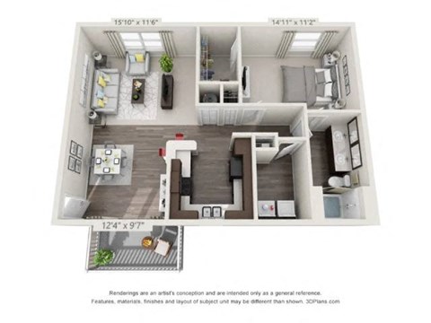 Floor plan for 1 bed, 1 bath, 962 sqft