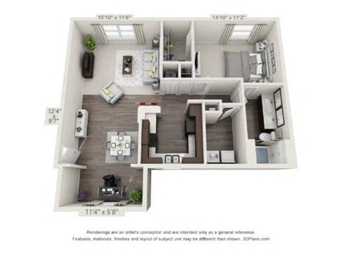Floor plan for 1 bed, 1 bath, 1034 sqft