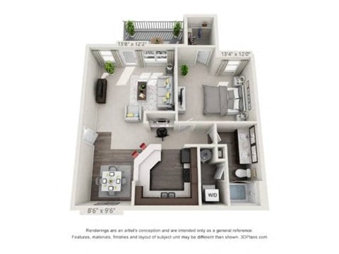 Floor plan for 1 bed, 1 bath, 863 sqft