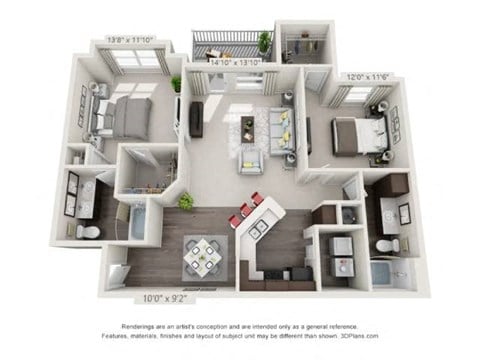 Floor plan for 2 beds, 2 baths, 1200 sqft