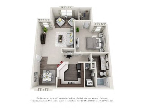 Floor plan for 1 bed, 1 bath, 964 sqft