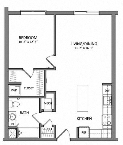 Floor plan for 1 bed, 1 bath, 624 sqft