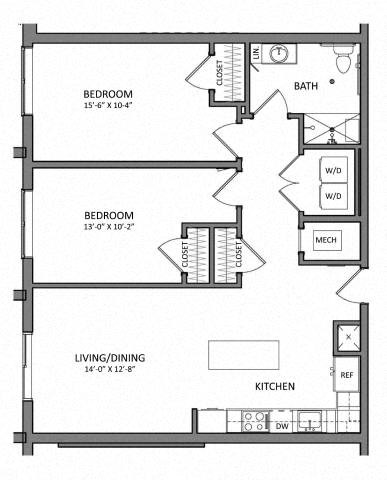 Floor plan for 2 beds, 1 bath, 984 sqft