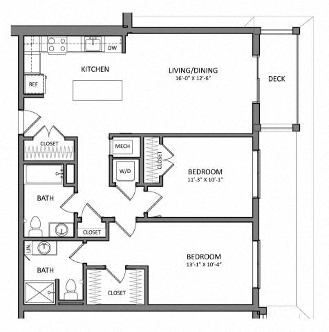 Floor plan for 2 beds, 2 baths, 984 sqft