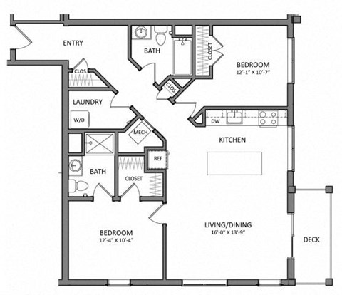 Floor plan for 2 beds, 2 baths, 962 sqft