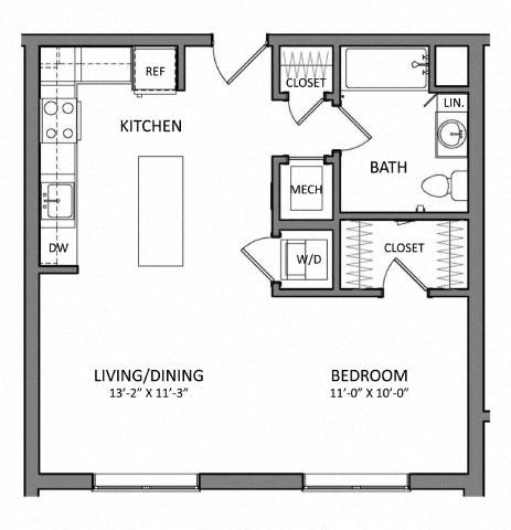 Floor plan for studio, 1 bath, 582 sqft