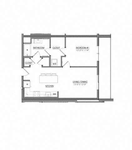 Floor plan for 1 bed, 1 bath, 682 sqft