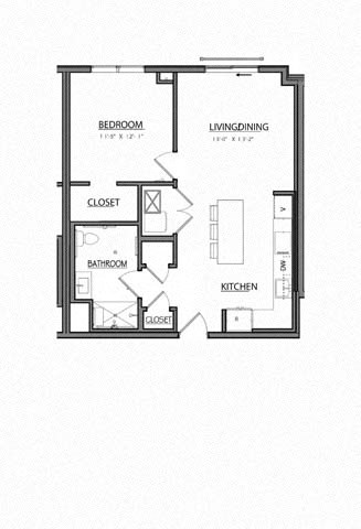 Floor plan for 1 bed, 1 bath, 712 sqft