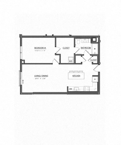 Floor plan for 1 bed, 1 bath, 814 sqft