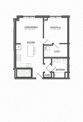 Floor plan for 1 bed, 1 bath, 669 sqft