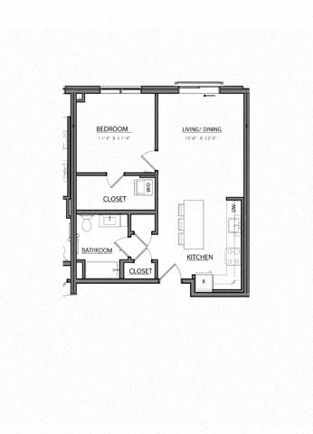 Floor plan for 1 bed, 1 bath, 662 sqft