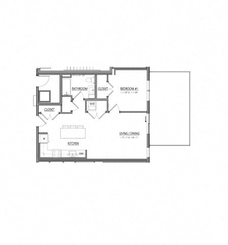 Floor plan for 1 bed, 1 bath, 688 sqft