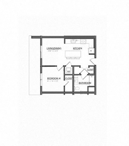 Floor plan for 1 bed, 1 bath, 628 sqft