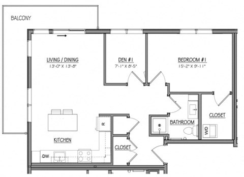 Floor plan for 1 bed, 1 bath, 757 sqft